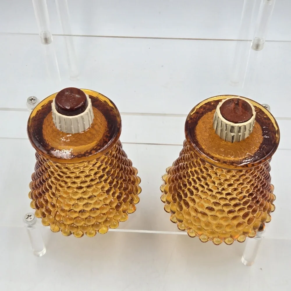 Vtg Set of 2 Amber Hobnail Glass Peg Votive Candle Holders w Rubber Adaptors
